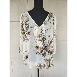 Jules & Leopold Size Large Ivory Mauve Floral Semi Sheer Ruffled V-Neck Blouse